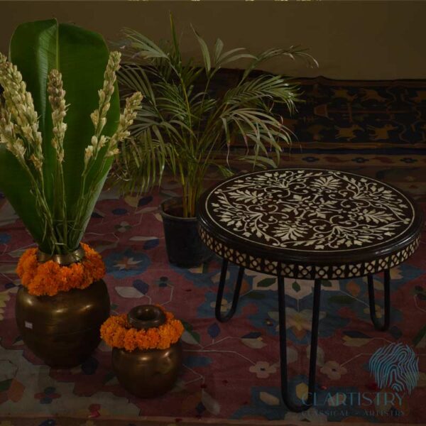 ROUND CAMEL BONE INLAY WOODEN SIDE TABLE