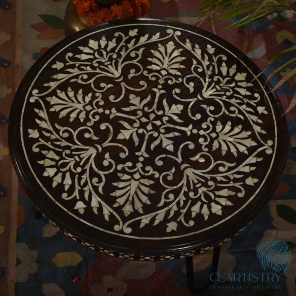 ROUND CAMEL BONE INLAY WOODEN SIDE TABLE - Image 2